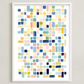 "Blue and Peach Squares" - Art Print in Sea Glass Blue by Yao Cheng Design - Framed