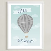 "Hot Air Balloon in the Clouds" - Art Print in Blue and Gray by Kayley Miller - Framed