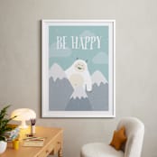 "Be Happy Yeti" - Art Print in Blue Sky by Chelsey Scott - In a Room