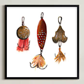 "Fishing Lures No. 1" - Art Print in Dark Gold by Tanya Lee of Frooted Design - Framed