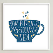 "Lettered Cup Of Tea" - Art Print in Navy Blue by curiouszhi - Framed