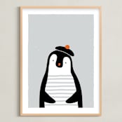 "The French penguin" - Art Print in Ash grey by Sharon O. - Framed