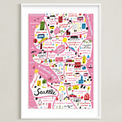 "I Love Seattle" - Art Print in Flamingo Pink by Jordan Sondler - Framed