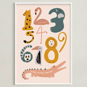 "Safari Friends Numerals" - Personalized Art Print in Flamingo by Jenna Holcomb - Framed