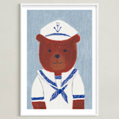 "Sailor Bear" - Art Print in Dusty Blue by Madhvi Samimi - Framed