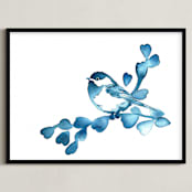 "Blue Chickadee II" - Art Print in Blue by Stephanie Toral - Framed
