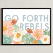 "Go Forth Rebels Blooms" - Art Print in Vibrant Coral by Kate Wong - Framed