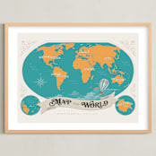"Map Of The World" - Art Print in Aqua by GeekInk Design - Framed