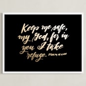 "Psalm 16:1 NIV" - Art Print in Gold by Ramoncita - aticnomar - Framed