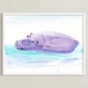 "Hippo Hooray" - Art Print in lilac by Lindsay Megahed - Framed