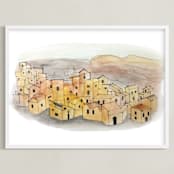 "Sunset on a Village" - Art Print in Sunset Orange by Haley Moore - Framed