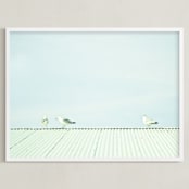 "Seagulls On The Roof" - Art Print in Pastel Blue by Alexandra Feo - Framed