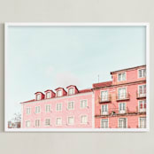 "Lisbon Colorful Buildings" - Art Print in Pastel Pink by Heather Loriece - Framed