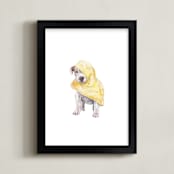 "Rainy Day Pup" - Art Print in Rain Slicker Yellow by Lauren Rogoff - Framed