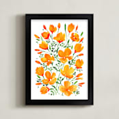 "Watercolor California poppies bouquet" - Art Print in Orange and green by Rosana Laiz Blursbyai - Framed