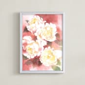 "White David Austin Roses" - Art Print in Wine Red by XL - Framed