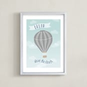 "Hot Air Balloon in the Clouds" - Art Print in Blue and Gray by Kayley Miller - Framed