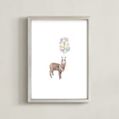 "Watercolor Llama With Balloons & Flowers" - Art Print in Balloon Pink by Lauren Rogoff - Framed