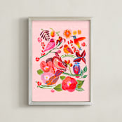 "Tropical Birds and Flowers" - Art Print in Soft Pink by Stick and Petal - Framed