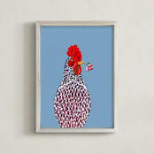 "Chicken Loves Flower" - Art Print in sky blue by Stick and Petal - Framed