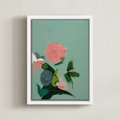 "Pink and Green Garden Abstract" - Art Print in Dark mint green by Caryn Owen - Framed Canvas