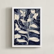 "Petals on Indigo" - Art Print in Indigo Blue by Deborah Velasquez - Framed Canvas
