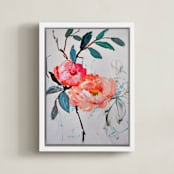 "Peony Duet" - Art Print in Hot Coral by Sonal Nathwani - Framed Canvas