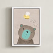 "Bear and the bee" - Art Print in Beige by Farinaz Vaseghi - Framed Canvas