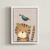 "Tiger and birdie " - Art Print in Beige by Farinaz Vaseghi - Framed Canvas