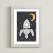 "Up in Space Rocket Ship" - Art Print in Muted Blue by Maggie Unruh - Framed