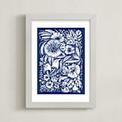 "Royal Blue Chalk Floral" - Art Print in Navy by Becky Nimoy - Framed