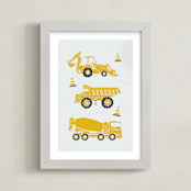 "Construction Trucks" - Art Print in orange yellow by Leanne Friedberg - Framed