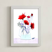 "Red Flowers in Grey Vase" - Art Print in Ruby Red by Michele Norris - Framed