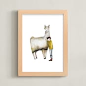 "LLama and Boy" - Art Print in Cozy Yellow by Sarah Fitzgerald - Framed