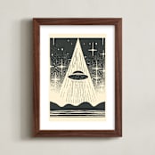 "UFO Encounters: Nostalgic Retro Woodcut" - Art Print in Galactic Gray by Roseanne Kenny - Framed