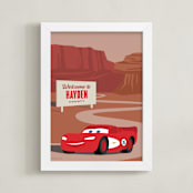"Lightning McQueen Route 66 from Disney and Pixar's Cars" - Personalized Art Print in Red Rock by Jill Means - Framed
