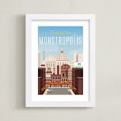 "Greetings from Monstropolis" - Art Print in Sky Blue by Erica Krystek - Framed