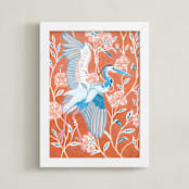 "Blue Heron with Blossoms" - Art Print in Coral by Stefanie Lane - Framed