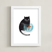 "Black Cat and goldfish" - Art Print in Black by Farinaz Vaseghi - Framed