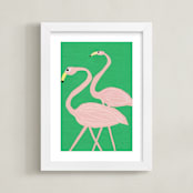 "Flamingo Amigos" - Art Print in grass green by Elliot Stokes - Framed