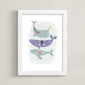 "Folk Whales" - Art Print in Mint by Hannah Williams - Framed
