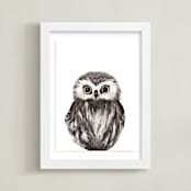 "Baby Animal Owl" - Art Print in Dark Wood by Cass Loh - Framed