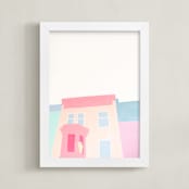 "English Sheepdog in Quebec City" - Art Print in Sweet Pink by jinseikou - Framed