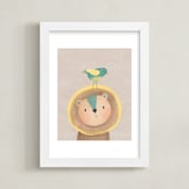 "Lion and the birdie" - Art Print in Beige by Farinaz Vaseghi - Framed