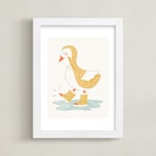 "Rainy Day Duck" - Art Print in Yellow Ochre by Sabrina Excene - Framed