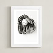 "Baseball 1 BW" - Art Print in weathered glove by Helen Makadia - Framed