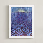 "Rain II, Abstract Watercolor Seascape" - Art Print in Blue by Kathleen Ney - Framed