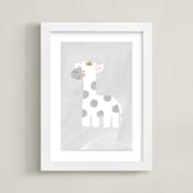 "Dream Big Elephant And Giraffe" - Art Print in Soft Grey by Patrice Horvath - Framed