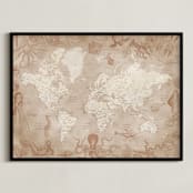 "Vintage world map with sea monsters" - Art Print in Sepia by Rosana Laiz Blursbyai - Framed