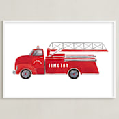 "Vintage FireTruck" - Personalized Art Print in Flame by frau brandt - Framed